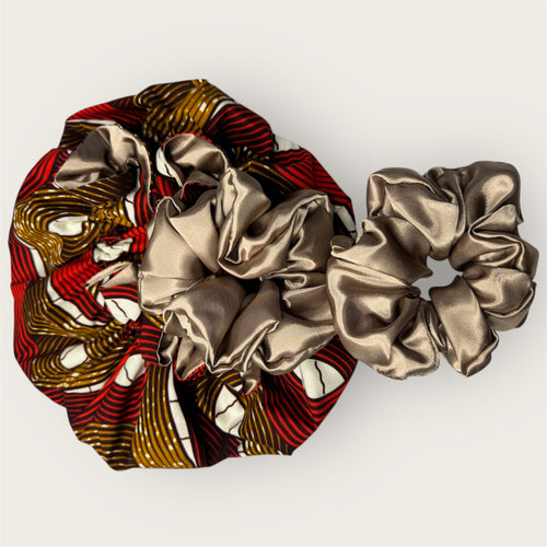 African Print Bonnet Set – Satijnen Bescherming & 2 Luxe Scrunchies - RedChampagne