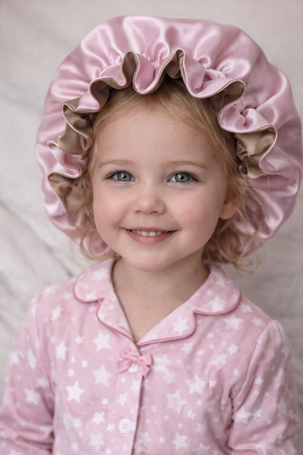 Dubbelzijdige Satijnen Meisjes Bonnet – Baby Champagne | Zacht & Beschermend voor Kinderhaar