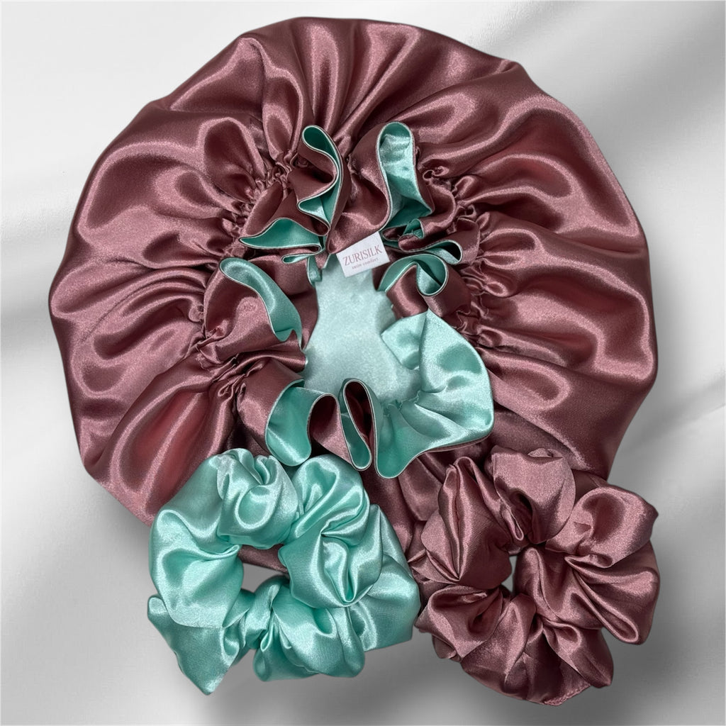Satin Care Set - Dubbelzijdige Bonnet & 2 Luxe Scrunchies - Rose Mint