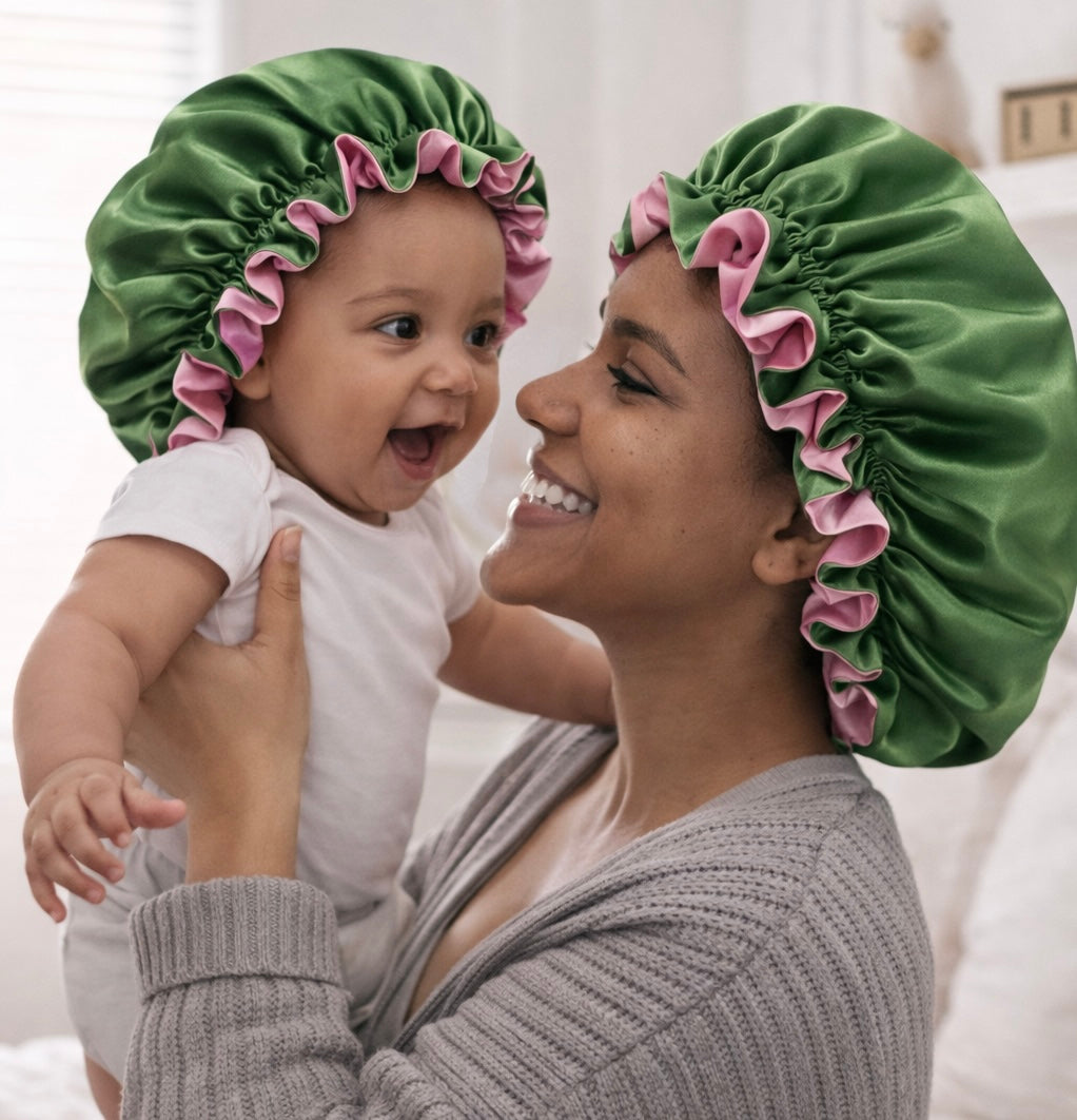 Mama & Mini Satin Set – Dubbelzijdige Bonnet voor Moeder & Kind – Army Blush