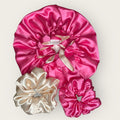Satin Care Set – Dubbelzijdige  Bonnet & 2 Luxe Scrunchies – Pink Cream