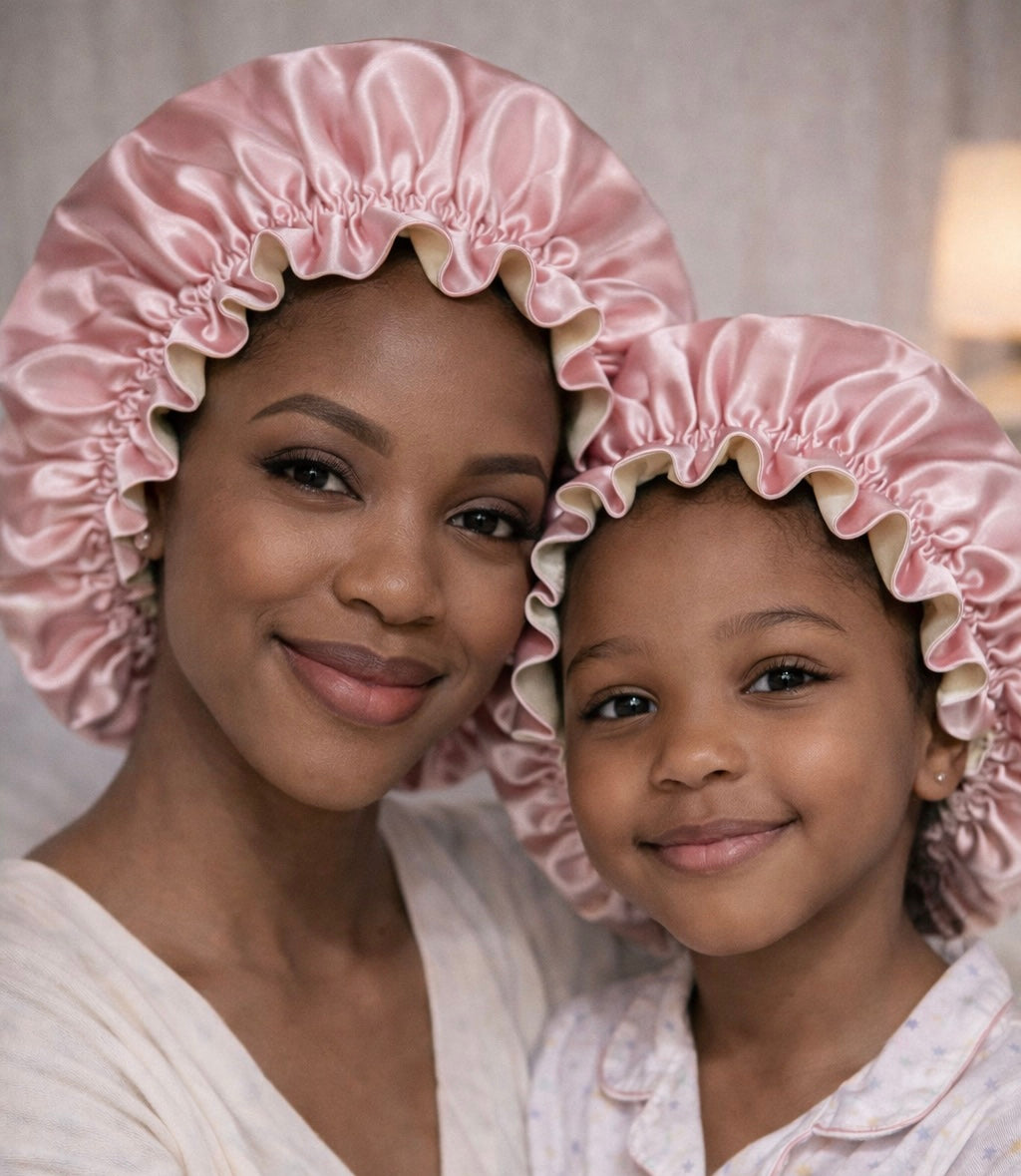 Mama & Mini Satin Set – Dubbelzijdige Bonnet voor Moeder & Kind – Soft Blush