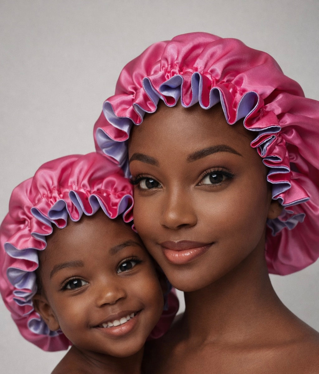Mama & Mini Satin Set – Dubbelzijdige Bonnet voor Moeder & Kind – Pink Lilac
