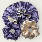 Satin Care Set – Dubbelzijdige  Bonnet & 2 Luxe Scrunchies  – Lavender Cream