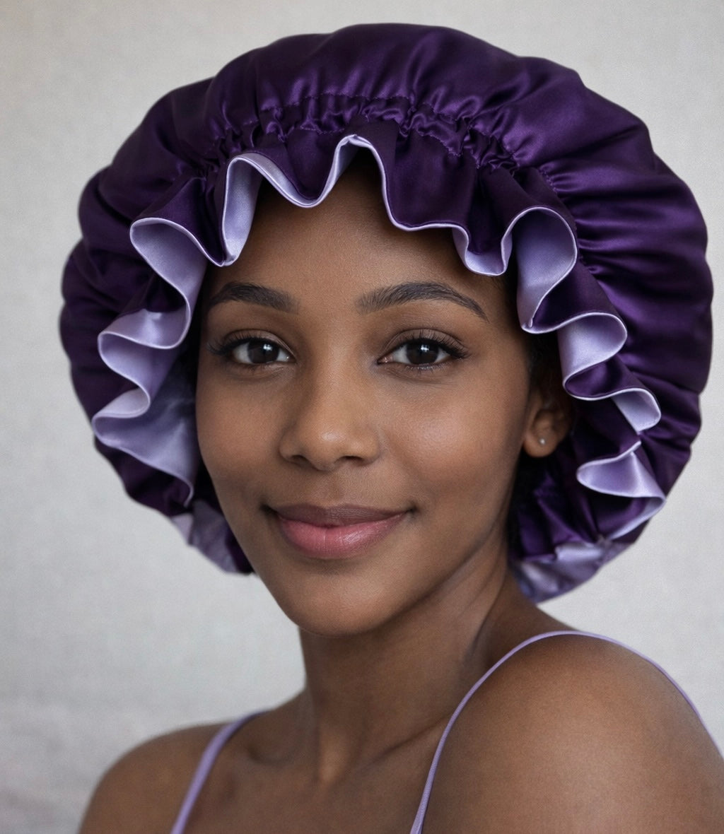 Dubbelzijdige Satijnen Bonnet – Purple Night | Luxe bescherming voor je haar