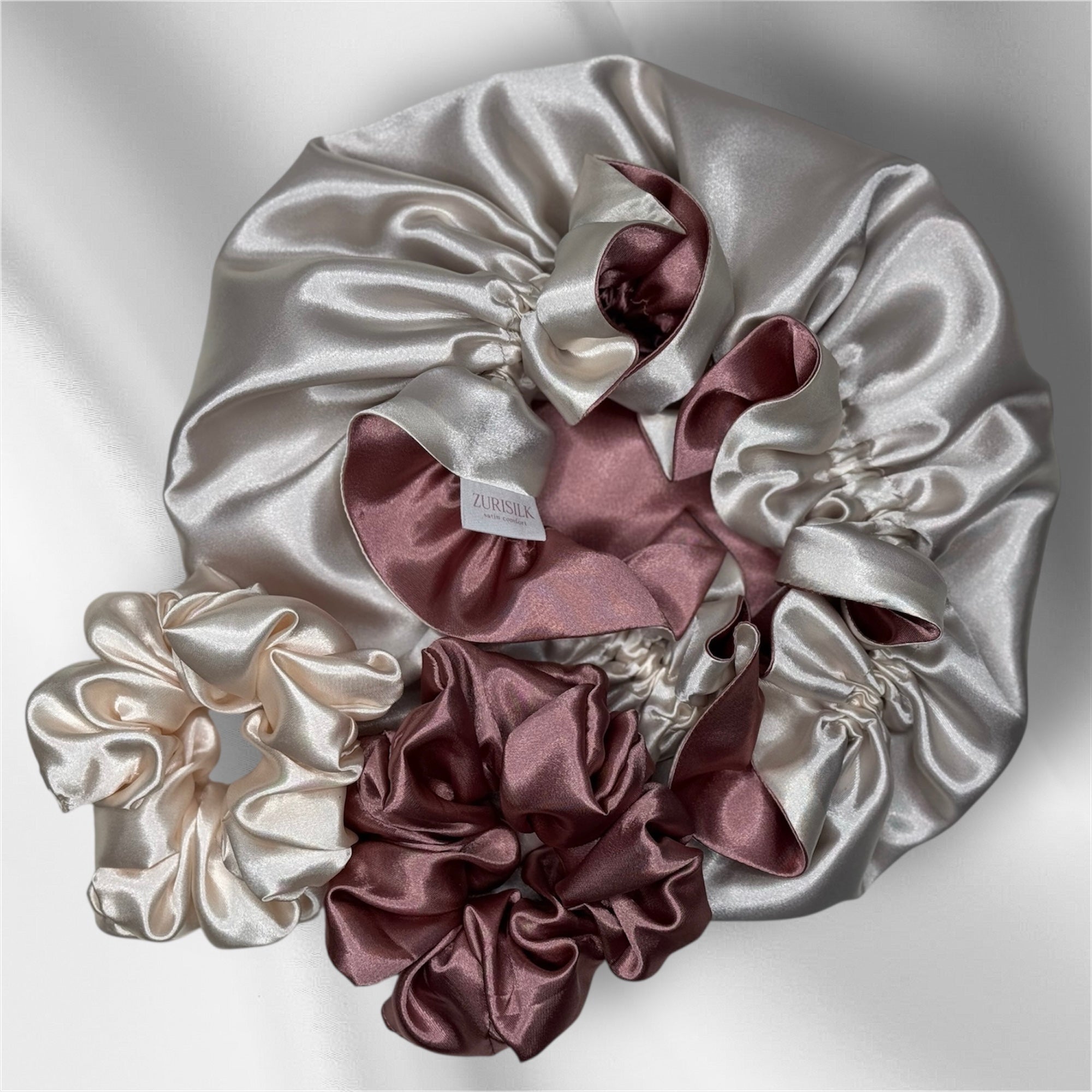 Satin Care Set - Dubbelzijdige Bonnet & 2 Luxe Scrunchies - Old Rose