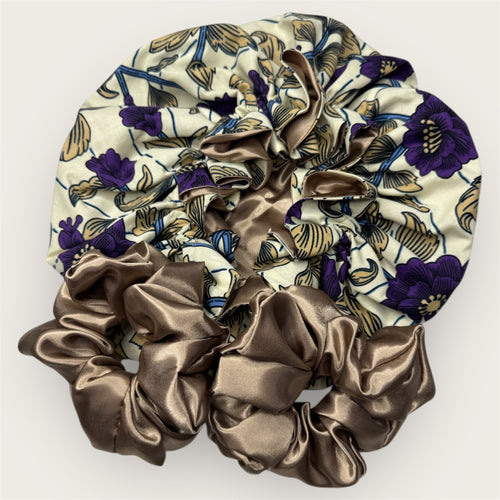 African Print Bonnet Set – Satijnen Bescherming & 2 Luxe Scrunchies - PurpleChampagne