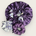 Satin Care Set – Dubbelzijdige Bonnet & 2 Luxe Scrunchies – Purple Night