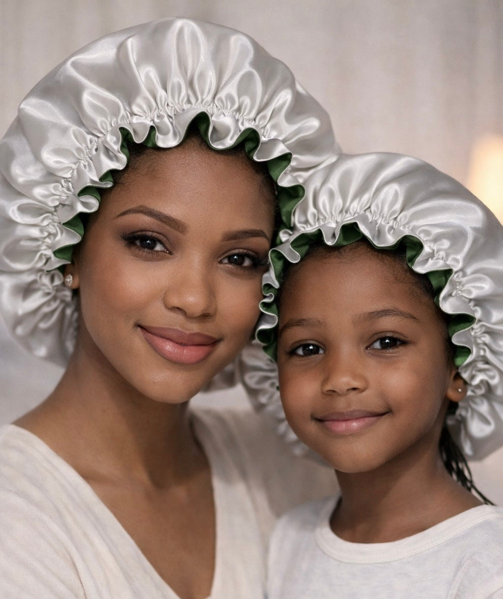 Mama & Mini Satin Set – Dubbelzijdige Bonnet voor Moeder & Kind – Cream Army