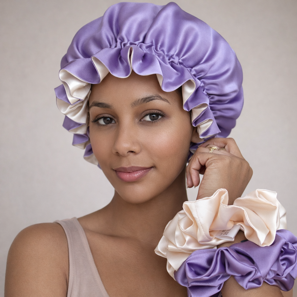 Satin Care Set – Dubbelzijdige  Bonnet & 2 Luxe Scrunchies  – Lavender Cream