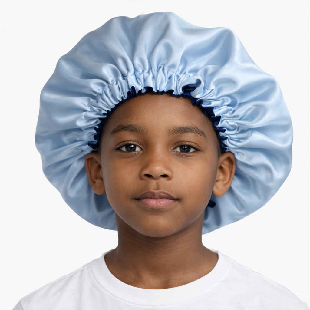 Dubbelzijdige Satijnen Jongens Bonnet – Blue Wave | Zacht & Beschermend voor Kinderhaar